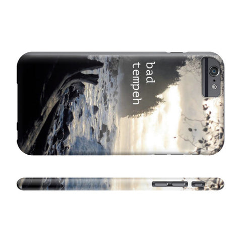 A beautiful landscape photo of the ocean on a phone case, featuring the text "Bad Tempeh"