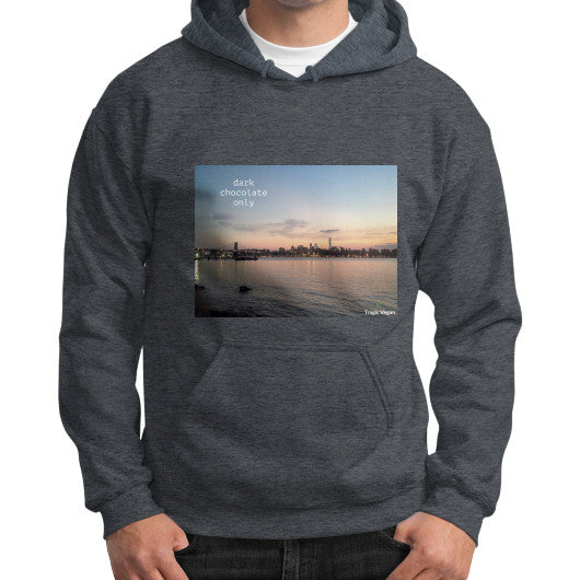 Gildan Hoodie (on man) Dark heather Tragic Vegan