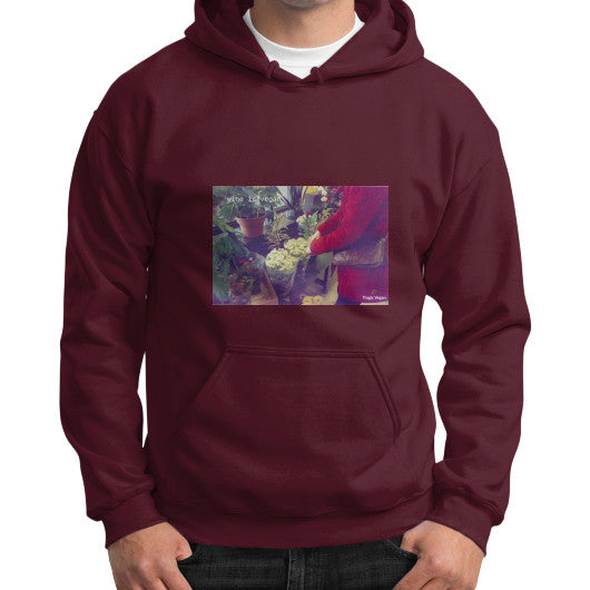 Gildan Hoodie (on man) Maroon Tragic Vegan