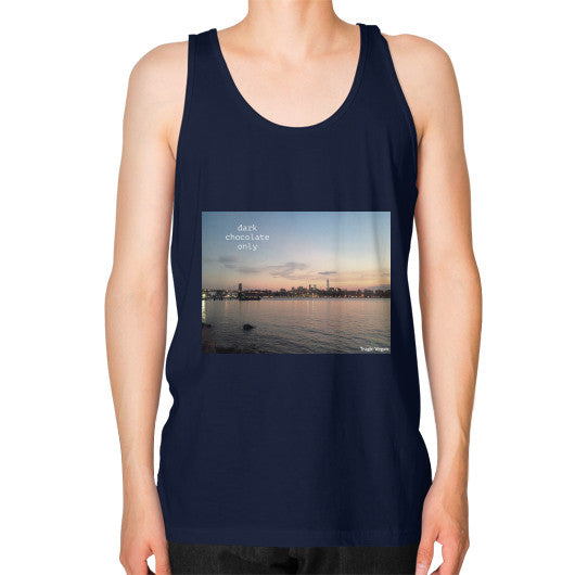 Unisex Fine Jersey Tank (on man) Navy Tragic Vegan