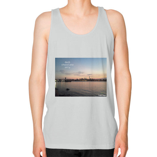Unisex Fine Jersey Tank (on man) Silver Tragic Vegan
