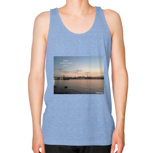 Unisex Fine Jersey Tank (on man) Tri-Blend Blue Tragic Vegan