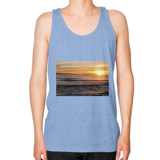 Unisex Fine Jersey Tank (on man) Tri-Blend Blue Tragic Vegan