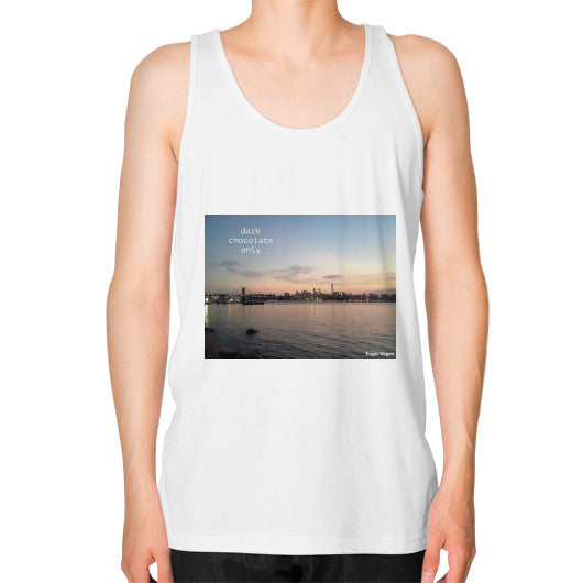 Unisex Fine Jersey Tank (on man) White Tragic Vegan