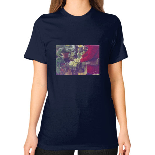 Unisex T-Shirt (on woman) Navy Tragic Vegan