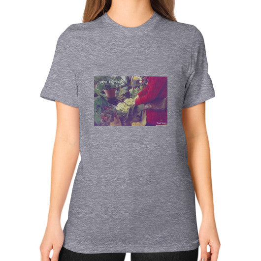 Unisex T-Shirt (on woman) Tri-Blend Grey Tragic Vegan